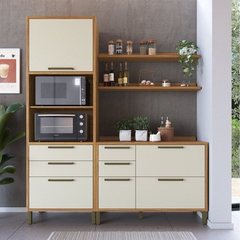 Cozinha Compacta Modulada 100% MDF 2 Peças 4 Portas Torre Quente e Tampo 194cm Vicenza Espresso Móveis Bege/Amêndoa/Off White