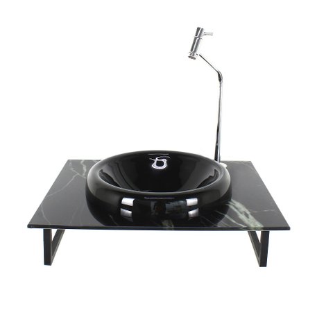 GABINETE DE VIDRO BANHEIRO 50CM COM BANCADA MARMORIZADA MARMORE PRETO MAIS TORNEIRA CROMADA