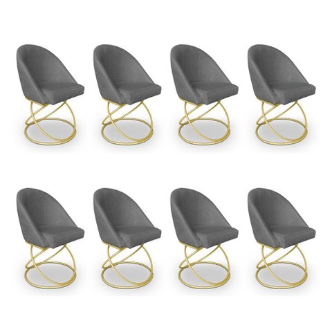 Kit 08 Cadeiras Poltrona de Jantar Bela Linho Grafite Base Metálica Luxo Dourado - Pallazio