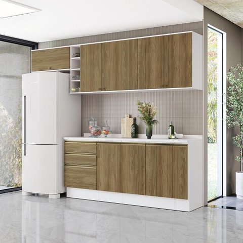 Armário de Cozinha Completa Garrafeiro 100% Mdf 280cm Branco/nogueira Celeste Kappesberg