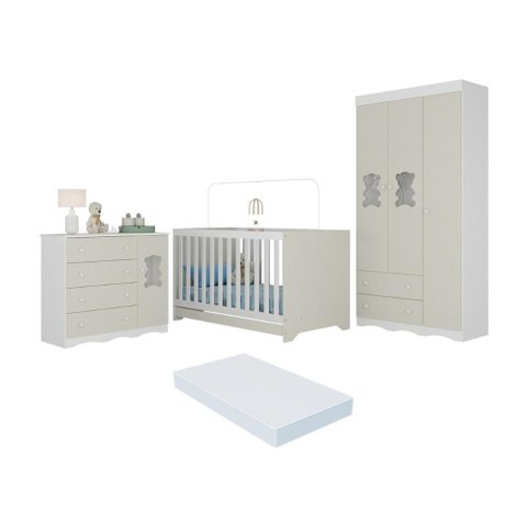 Quarto de Bebê Completo C/ Berço Americano 3 em 1 Colchão Doçura Multimóveis Mp4670 Branco/off
