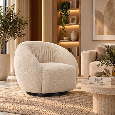 Poltrona Giratória 360° Orgânica Bouclé Sala Recepção Nuvem:Bouclê/Offwhite