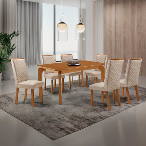 Mesa de Jantar Liz 180cm Tampo MDF Canto Copo Laminado com 6 Cadeiras Lira
