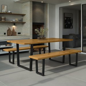 Conjunto Mesa de Jantar 200cm Retangular 2 Bancos em Ferro e Madeira Maciça Savannah Espresso Móveis