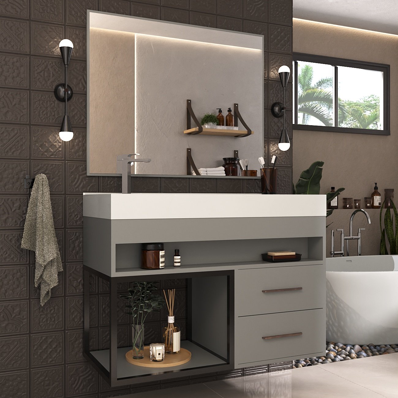 Gabinete para Banheiro com Cuba e Espelheira New Plus Cimento - Moville - 1