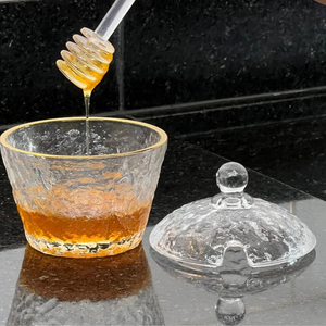 Meleira de Cristal Martelado com Colher e Tampa Fio de Ouro10cm