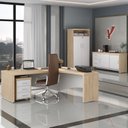 Ver imagem 1 de Kit 4 Peças Mesa Diretor em L Tamburato, Gaveteiro, Balcão Organizador e Armário Multiuso com Nicho