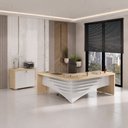 Ver imagem 1 de Conjunto 2 Peças com Mesa Diretor para Escritório e Balcão Multiuso 2 Portas Carvalho Branco Bege Artany