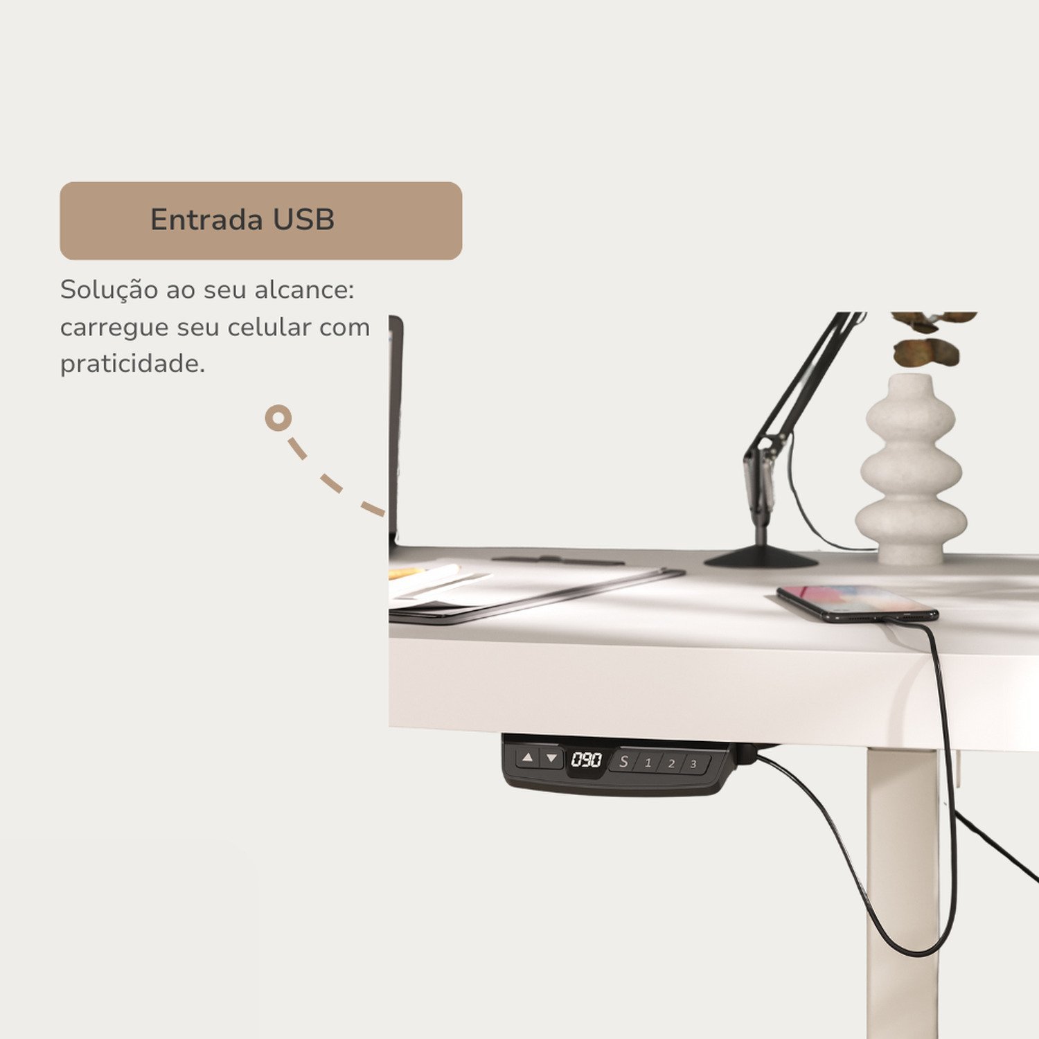 Mesa para Escritório com Regulagem de Altura Entrada Usb Ergonômica em Tamburato - 9