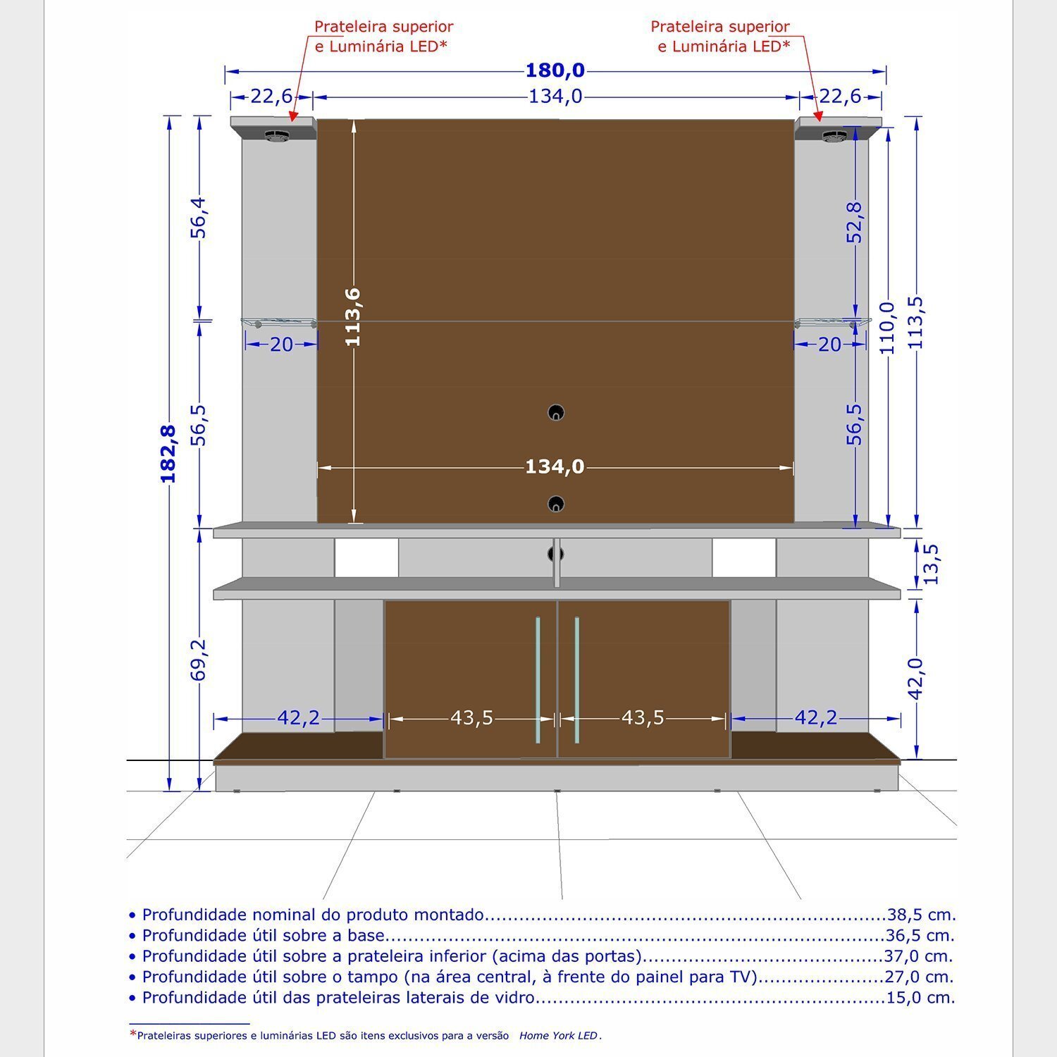 Estante Home York com Led e Prateleiras de Vidro Tradicional Moderno - 4