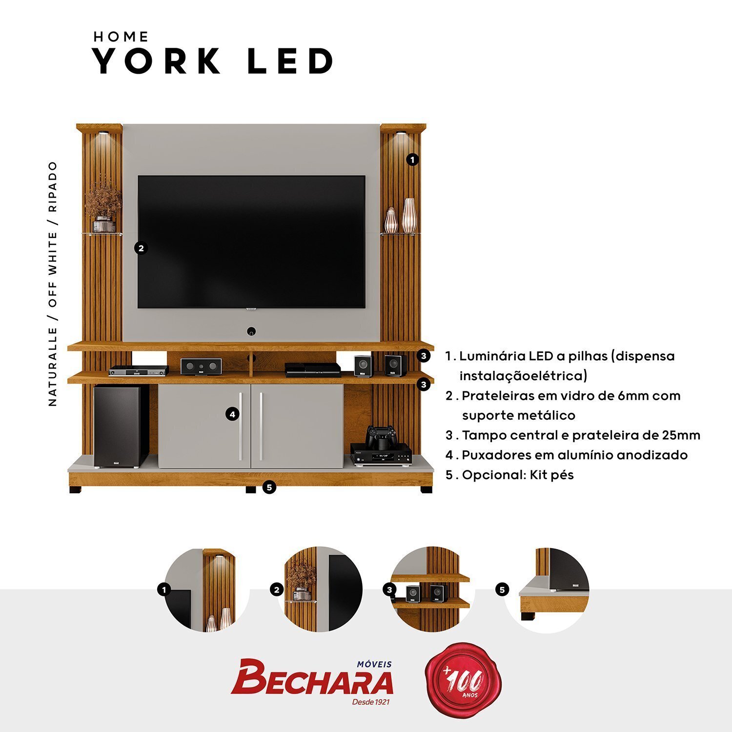 Estante Home York com Led e Prateleiras de Vidro Tradicional Moderno - 5