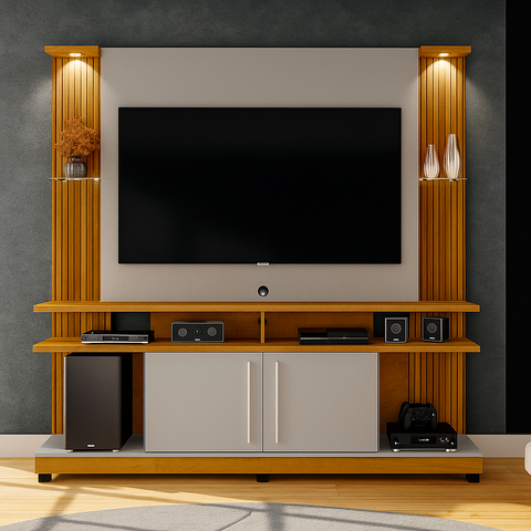 Estante Home para TV até 60 Polegadas 183CMX180CM com LED e Prateleiras de Vidro York Marrom