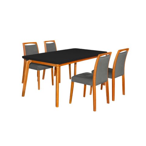 Mesa Jantar Luxo Jade 160x90cm Preto com 4 Cadeiras Estofadas Linho Chumbo Base Madeira Maciça Mel