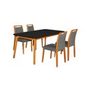 Ver imagem 1 de Mesa Jantar Luxo Jade 160x90cm Preto com 4 Cadeiras Estofadas Linho Chumbo Base Madeira Maciça Mel