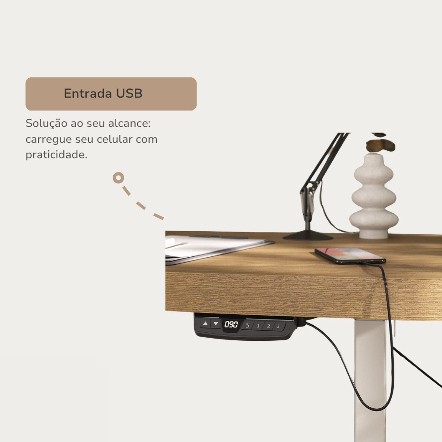 Mesa para Escritório com Regulagem de Altura Entrada Usb Ergonômica em Tamburato - 6