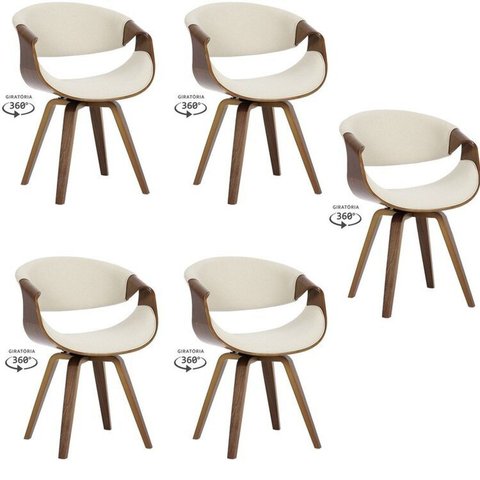 Kit com 5 Cadeiras Nicole Giratória para Sala de Jantar Bege/Creme