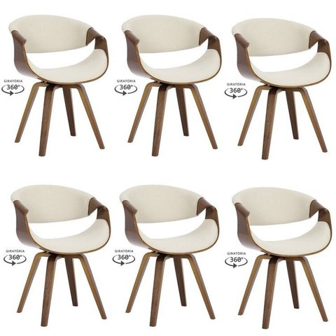 Kit com 6 Cadeiras Nicole Giratória para Sala de Jantar Bege/Creme