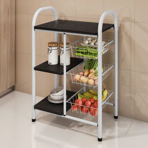 Fruteira de Cozinha em Aço com 3 Cestos Removíveis Giovana 99cm Branco/Preto