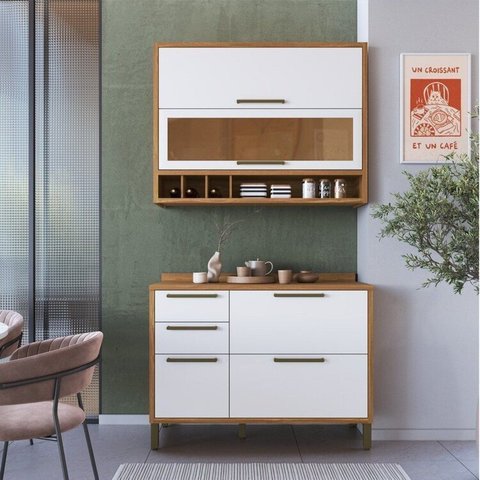 Cozinha Compacta Modulada 100% MDF 2 Peças 4 Portas 3 Gavetas e Vidro 120cm Vicenza Espresso Móveis Branco/Amêndoa
