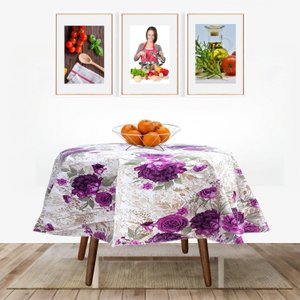 Toalha de Mesa Termica Redonda - Rosas Roxas - 1,35m Diâmetro * Mesa Redonda *- Pvc - 4 Cadeiras - I