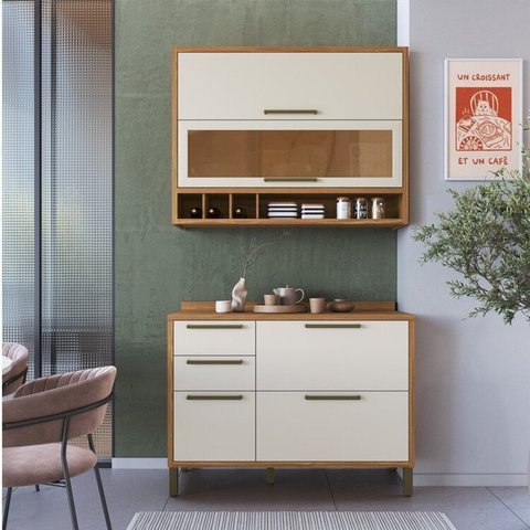 Cozinha Compacta 100% Mdf 2 Peças 4 Portas 3 Gavetas e Vidro 120cm Vicenza Espresso Móveis