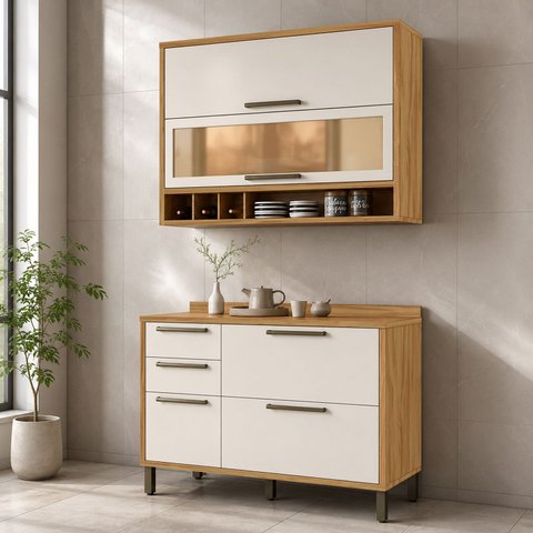 Cozinha Compacta Modulada 100% MDF 2 Peças 4 Portas 3 Gavetas e Vidro 120cm Vicenza Espresso Móveis Bege/Amêndoa/Off White