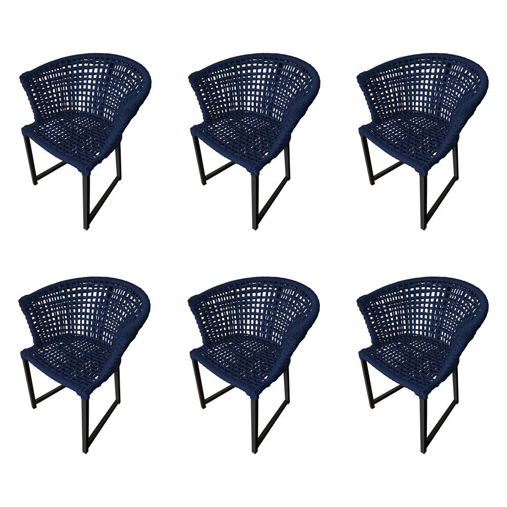 Kit 6 Cadeiras Salinas Corda Náutica Base em Alumínio Preto/azul Marinho - 1