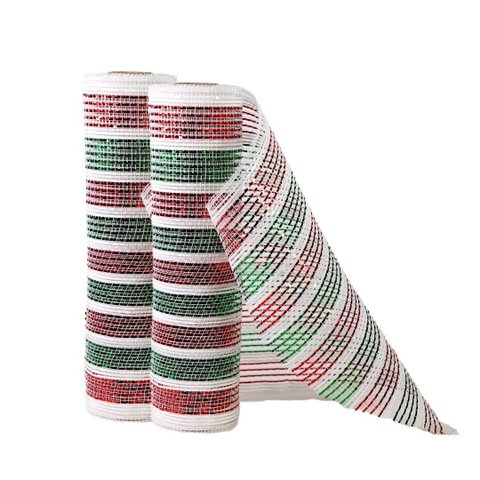 Kit 2 Telas Malha Tule Decorativa Natal Candy Tricolor Vermelho Verde e Branco 25cm x 5m Premium