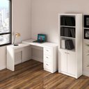Ver imagem 1 de Kit para Escritório Mesa em L e Estante 2 Portas 3 Gavetas MDP Branco Tecno Mobili