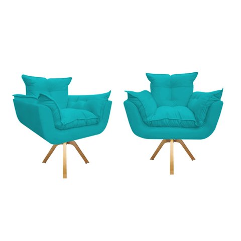 Kit 2 Poltronas Decorativa Opala Base Giratória Suede Azul Tifany Ms Decor