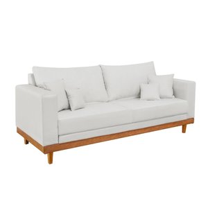 Sofá Living 3 Lugares Linho Resistente Madeira + Almofadas Cor:bege