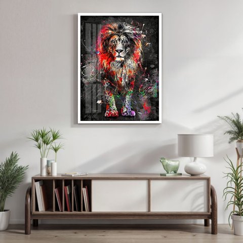 Quadro Decorativo Leão Colorido 006 Moldura em Madeira com Vidro 30x42cm