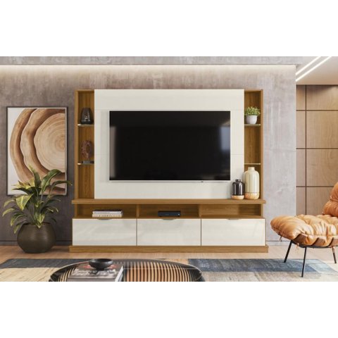 Painel Home Vigo 2024 P/ Tvs até 70" 3 Portas e Prateleiras P/ Itens - Jequitiba/off White