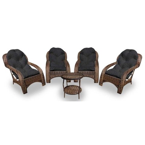 Conjunto de Poltronas Fibra Sintética Lisboa - 4 Poltronas + 1 Mesa Centro - Tecido Duna Preto
