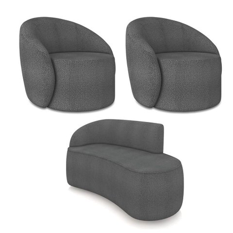 Sofá 2 Lugares Orgânico 140cm Morgan e 2 Poltronas Lua Bouclê Grafite D03 - D'Rossi
