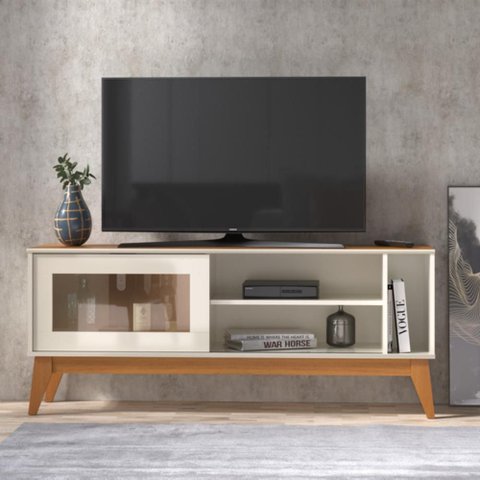 Rack para Tv até 55 Polegadas Trend 1 Porta Vidro Deslizante Reflecta 136cm - Off White e Cedro