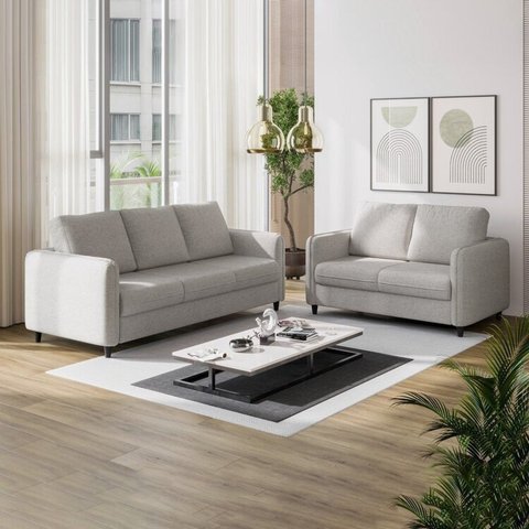 Conjunto Sofá com 2 e 3 Lugares em Linho Orquídea CabeCasa MadeiraOriginals Cinza