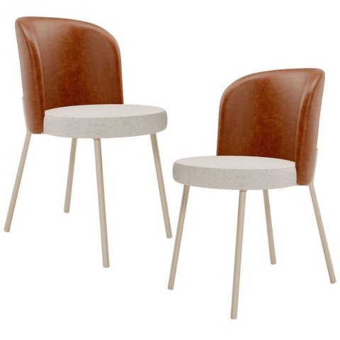 Kit 2 Cadeiras Sala de Jantar Estofada Gavi Arena L02 Couríssimo Camel Linho Cru Lyam Decor