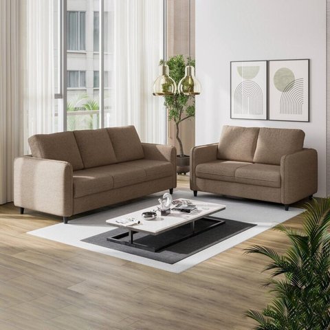 Conjunto Sofá 5 Lugares Linho Marrom Orquídea 195cm e 138cm CabeCasa MadeiraOriginals