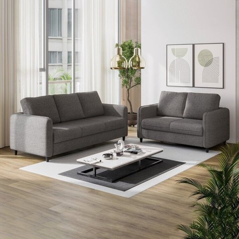 Conjunto Sofá 5 Lugares Linho Cinza Orquídea 195cm e 138cm CabeCasa MadeiraOriginals