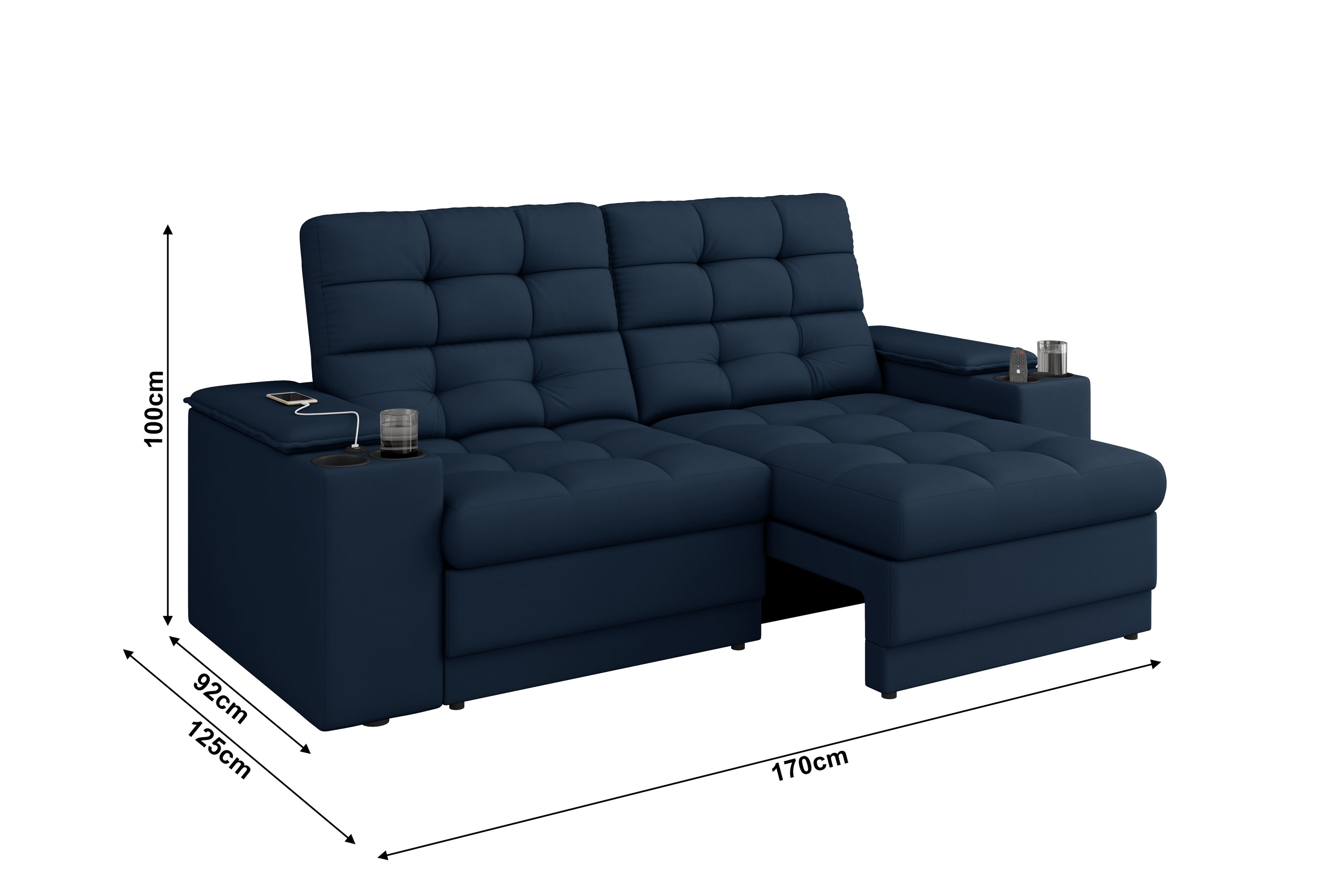 Sofá Confort Premium 1,70m Assento Retrátil/reclinável Porta Copos e Usb Suede Petróleo - Xflex - 2