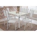 Ver imagem 1 de Conjunto: Mesa de Cozinha Elba Tampo Madeirado C/ Vidro 120cm e 6 Cadeiras Lisboa Cromada/off White