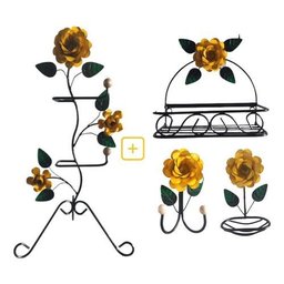Kit para Banheiro 4 Peças em Ferro com Rosas:amarelo - 1