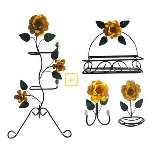 Kit para Banheiro 4 Peças em Ferro com Rosas:amarelo