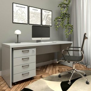 Mesa Escrivaninha 170cm com Gaveteiro 4 Gavetas F5 Office Cor:cinza Claro