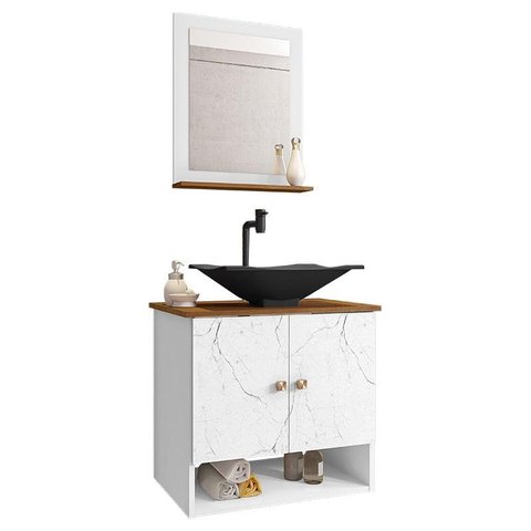 Conjunto de Banheiro com Gabinete 2 Portas, Cuba com Valvula, Torneira e 1 Espelheira Deli