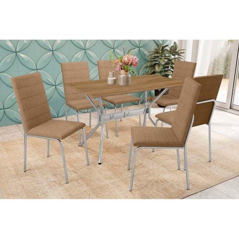 Conjunto: Mesa Sala Jantar Loire C/ Tampo de Madeira 160cm e 6 Cadeiras Amsterdã Cromada/capuccino
