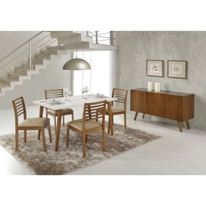 Conjunto Sala de Jantar Mesa de Jantar Nature com Vidro Branco 1,35m + 6 Cadeiras de Jantar Nature P