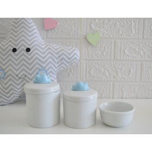 Kit Higiene Porcelana Baby Maternidade + Potes + Molhadeira - K015 Nuvem Azul