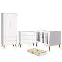 Ver imagem 1 de Dormitório Infantil Theo Retrô 2 Portas, Cômoda, Berço Branco com Pés Amadeirado e Colchão D18 - Rel